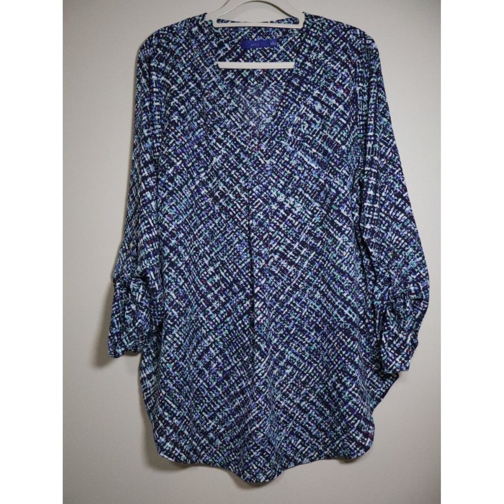 Abstract Geometric Apt. 9 Tunic Top Large Blue White Roll Tab V-Neck Oversized